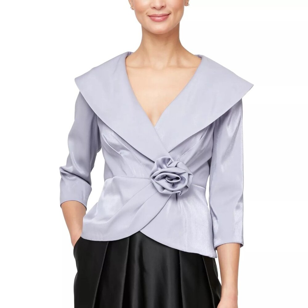 Alex Evenings Lavender Satin Wrap Blouse with Rosette Detail